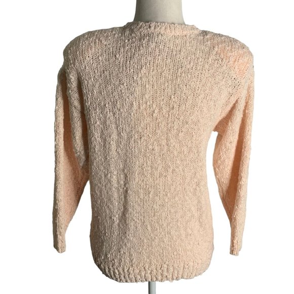 Vintage 80s Boucle Knit Sweater S Pink Embroidered Rose Applique Beaded Pullover - Picture 4 of 6